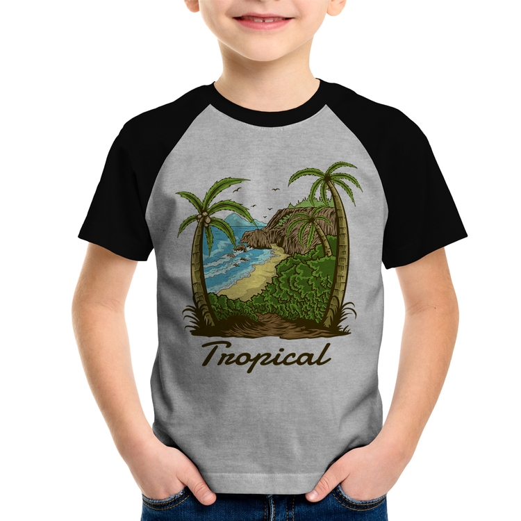 Camiseta Raglan Infantil Tropical Beach - Cinza/Preto