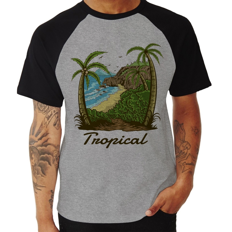 Camiseta Raglan Tropical Beach - Cinza/Preto