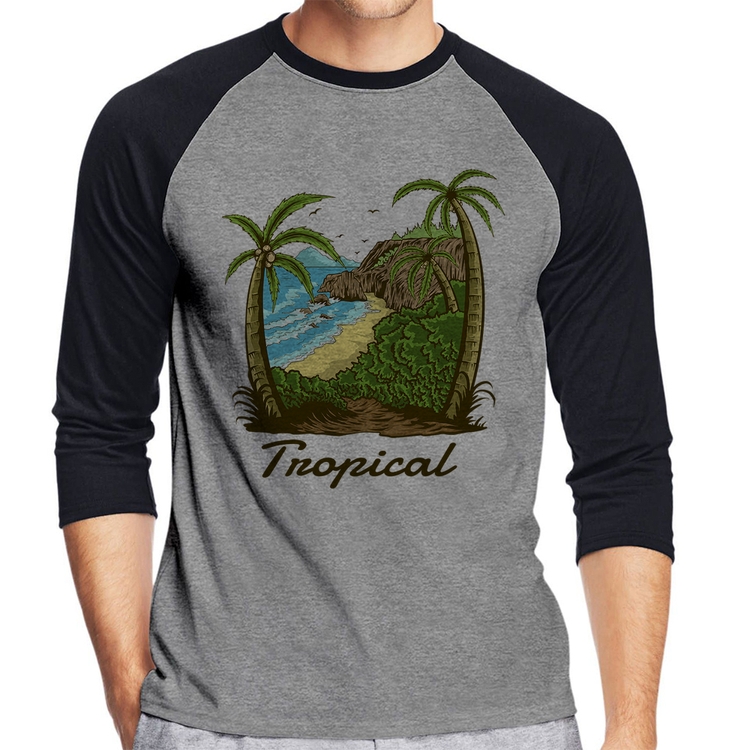 Camiseta Raglan Tropical Beach Manga 3/4 - Cinza/Preto