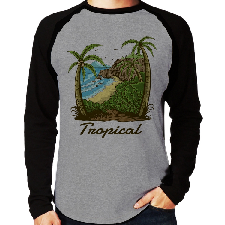 Camiseta Raglan Tropical Beach Manga Longa - Cinza/Preto