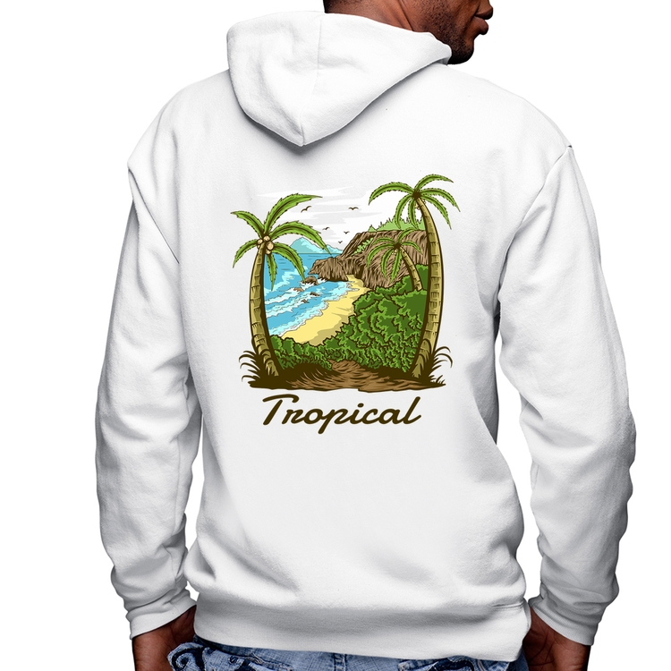 Blusa Moletom Tropical Beach Masculina com Capuz e Zíper - Branca