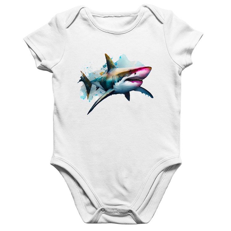 Body Bebê Algodão Tubarão Watercolor - Branco