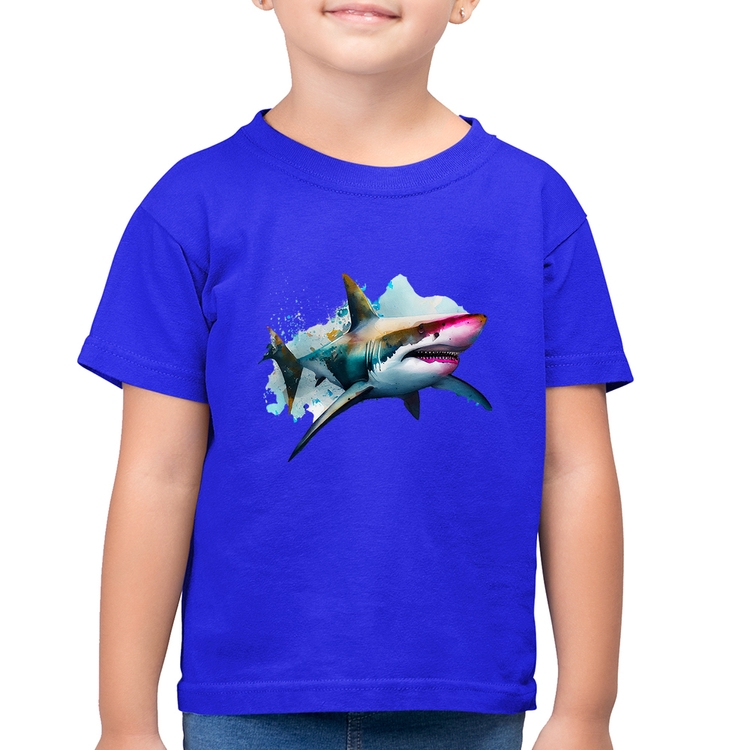 Camiseta Algodão Infantil Tubarão Watercolor - Azul Royal
