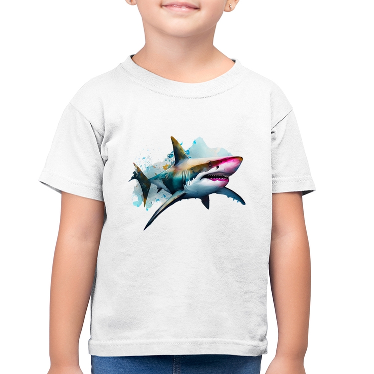 Camiseta Algodão Infantil Tubarão Watercolor - Branca