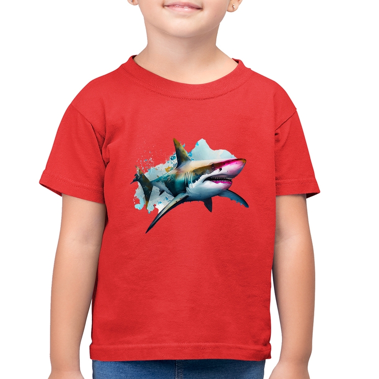 Camiseta Algodão Infantil Tubarão Watercolor - Vermelha