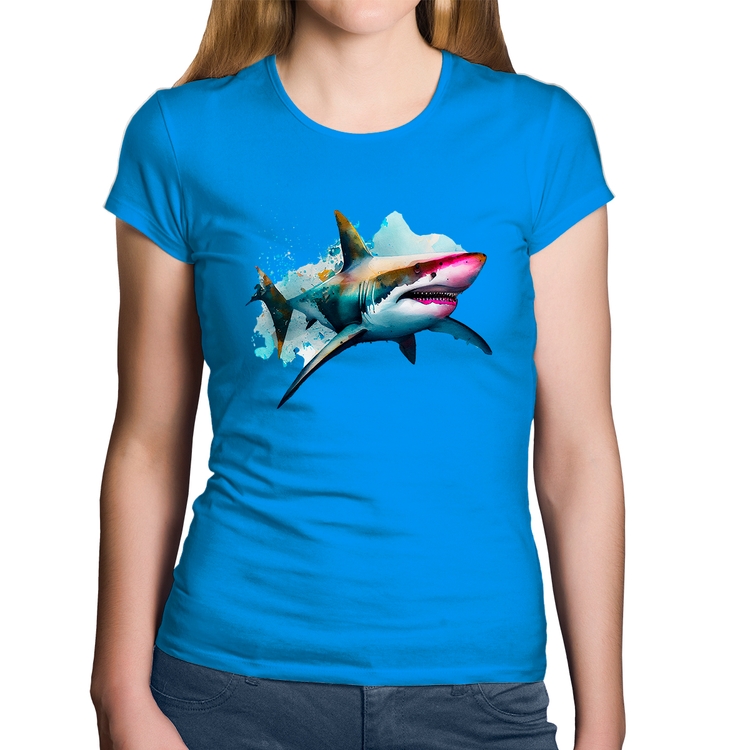 Baby Look Algodão Tubarão Watercolor - Azul