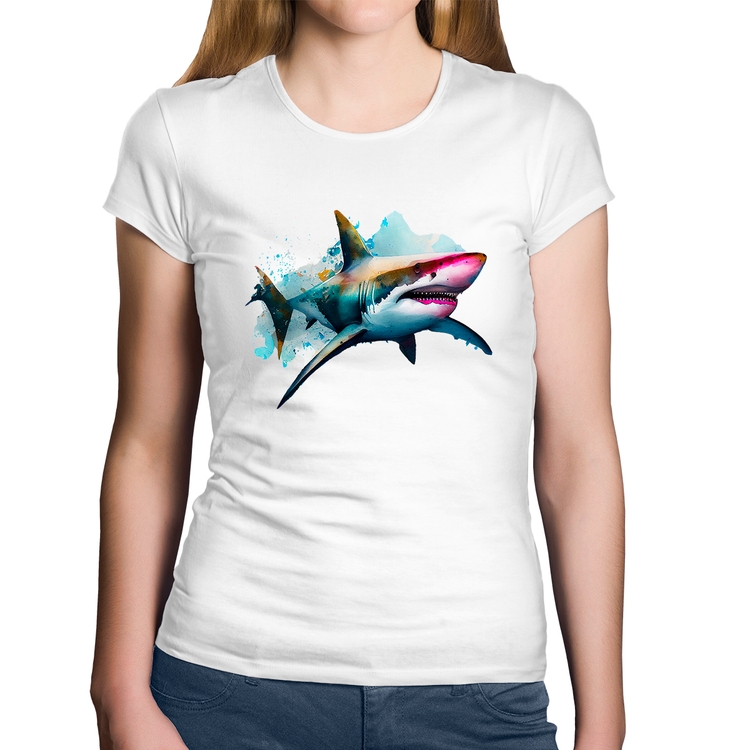 Baby Look Algodão Tubarão Watercolor - Branca