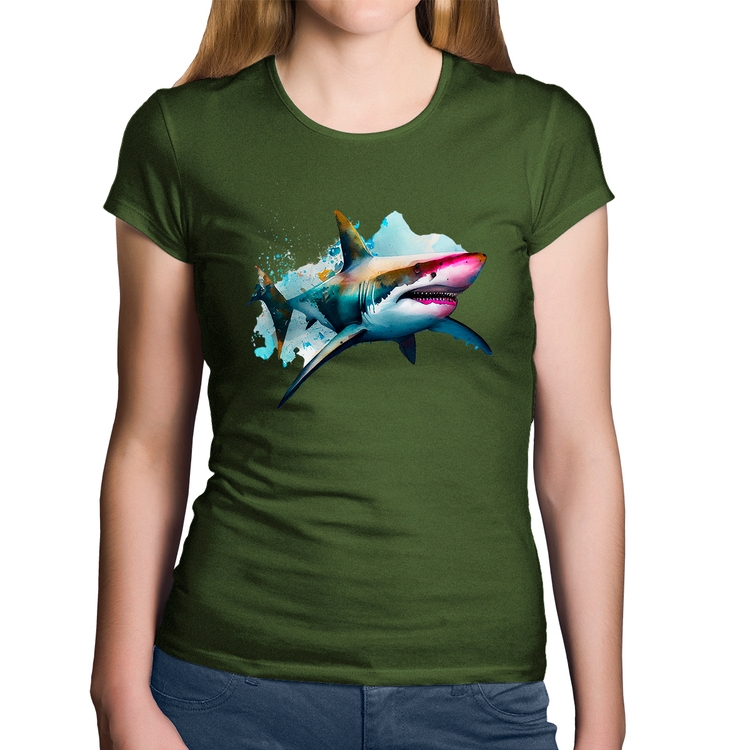 Baby Look Algodão Tubarão Watercolor - Musgo