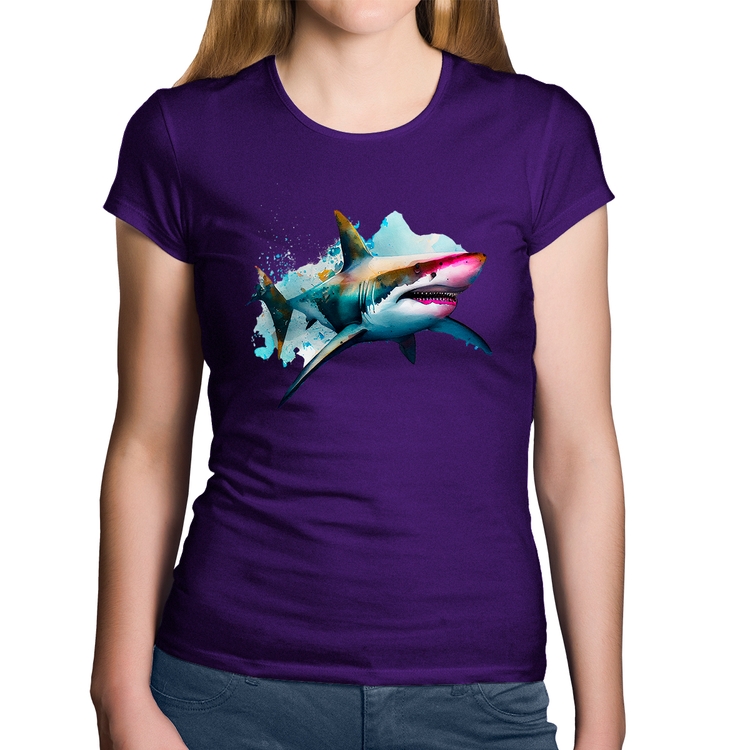 Baby Look Algodão Tubarão Watercolor - Roxa