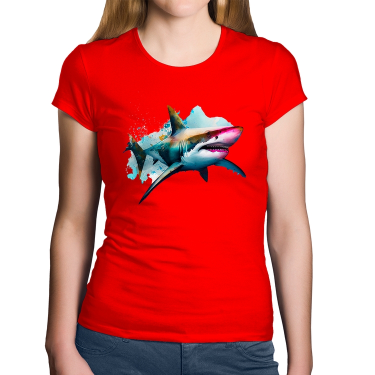 Baby Look Algodão Tubarão Watercolor - Vermelha