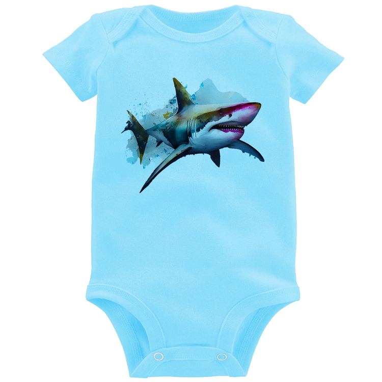 Body Bebê Tubarão Watercolor - Azul Bebê