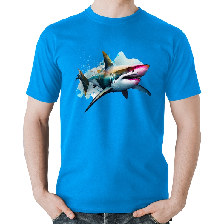 Camiseta Algodão Tubarão Watercolor - Azul