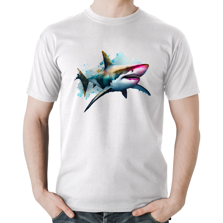 Camiseta Algodão Tubarão Watercolor - Branca