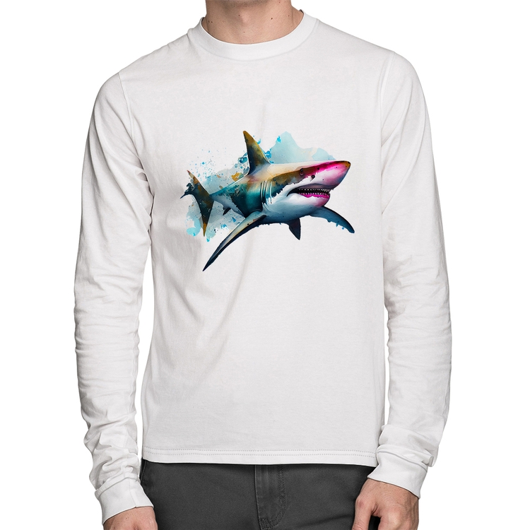 Camiseta Algodão Tubarão Watercolor Manga Longa - Branca