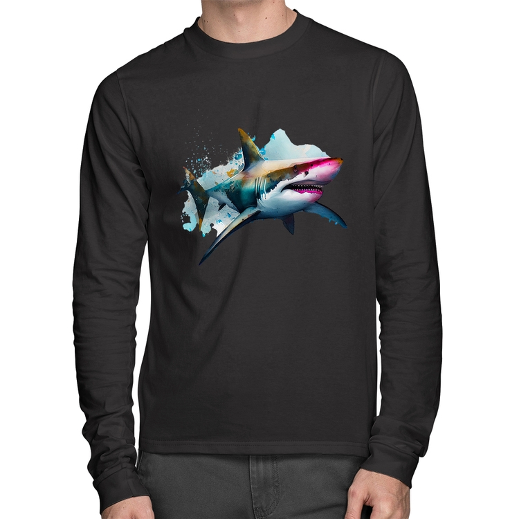 Camiseta Algodão Tubarão Watercolor Manga Longa