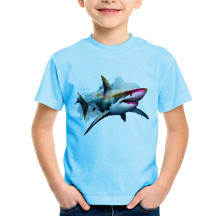 Camiseta Infantil Tubarão Watercolor - Azul Bebê