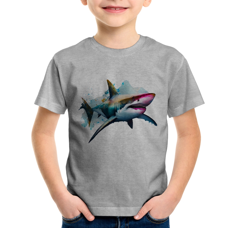 Camiseta Infantil Tubarão Watercolor - Cinza