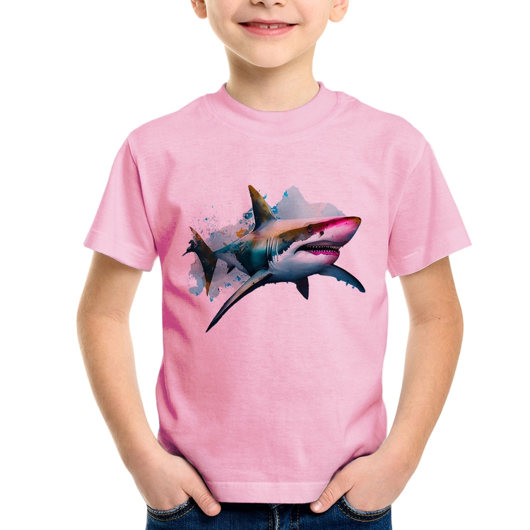 Camiseta Infantil Tubarão Watercolor - Rosa Bebê