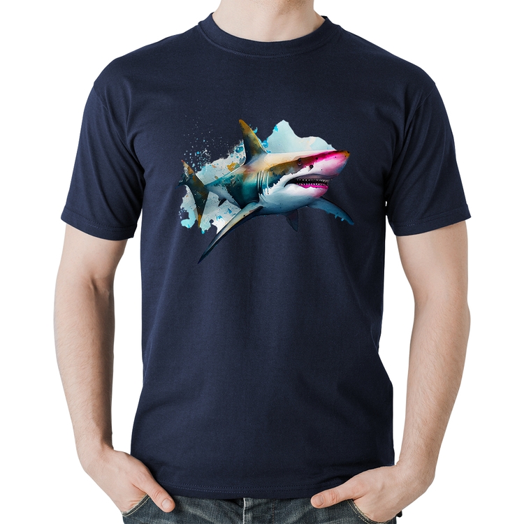 Camiseta Algodão Tubarão Watercolor - Marinho