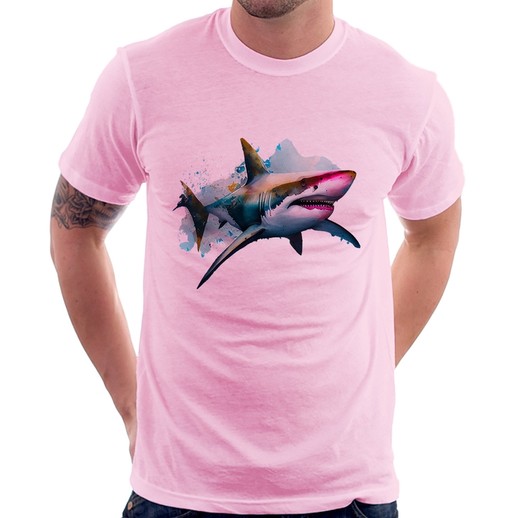 Camiseta Tubarão Watercolor - Rosa Bebê