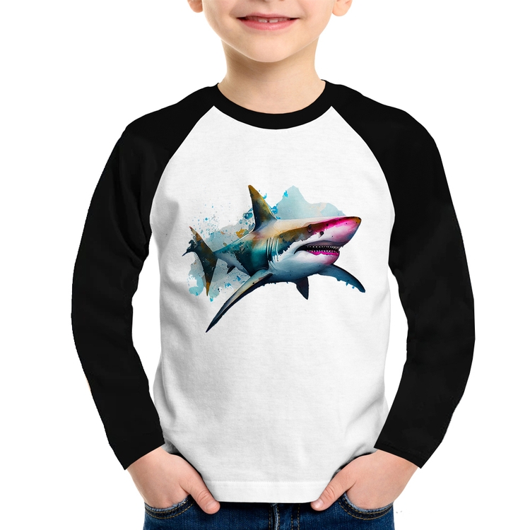 Camiseta Raglan Infantil Tubarão Watercolor Manga Longa