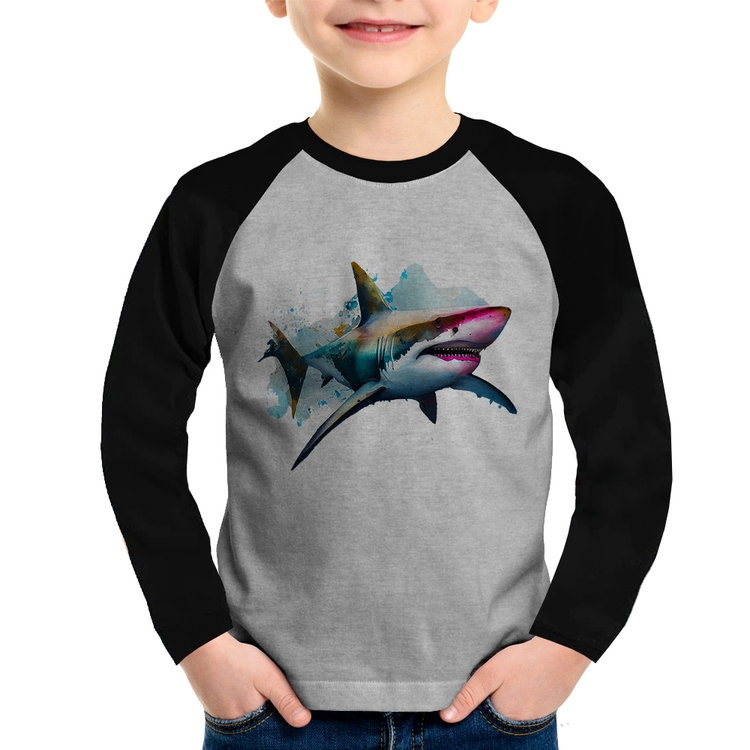 Camiseta Raglan Infantil Tubarão Watercolor Manga Longa - Cinza/Preto
