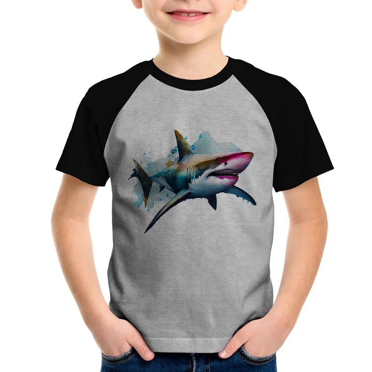 Camiseta Raglan Infantil Tubarão Watercolor - Cinza/Preto