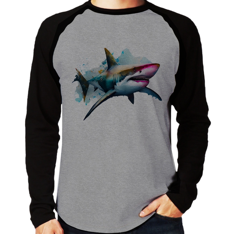 Camiseta Raglan Tubarão Watercolor Manga Longa - Cinza/Preto