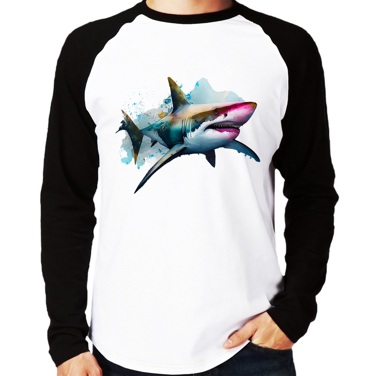 Camiseta Raglan Tubarão Watercolor Manga Longa