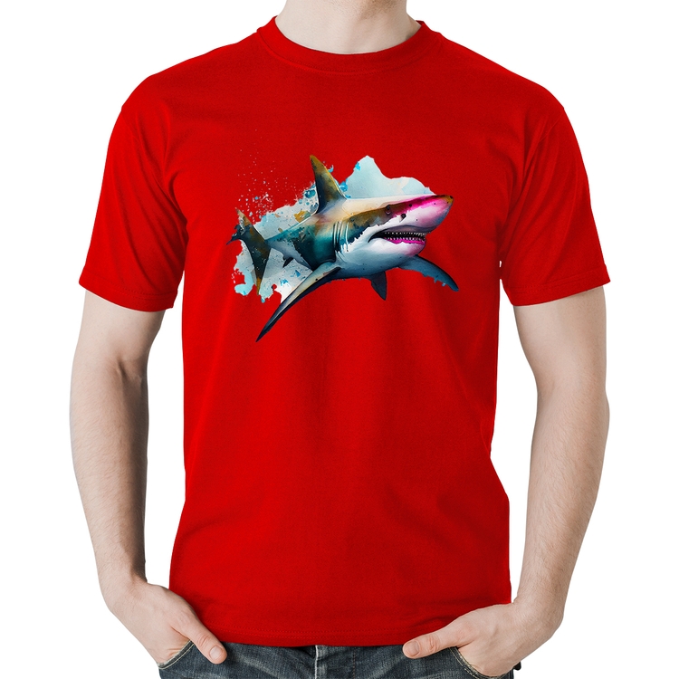Camiseta Algodão Tubarão Watercolor - Vermelha