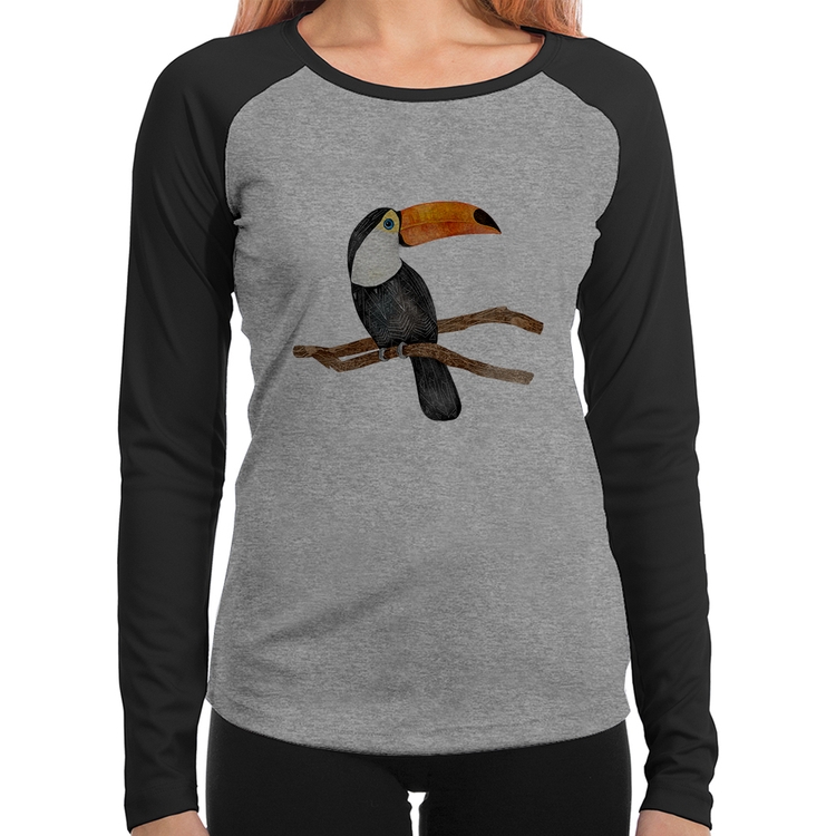 Baby Look Raglan Tucano Manga Longa - Cinza/Preto