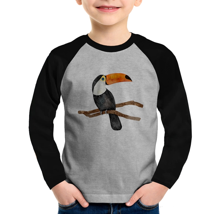 Camiseta Raglan Infantil Tucano Manga Longa - Cinza/Preto