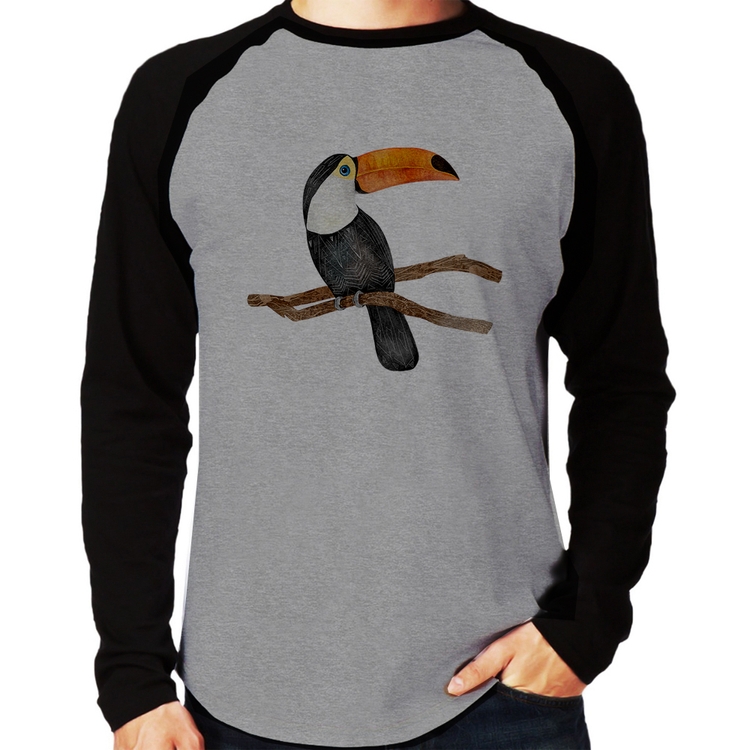 Camiseta Raglan Tucano Manga Longa - Cinza/Preto