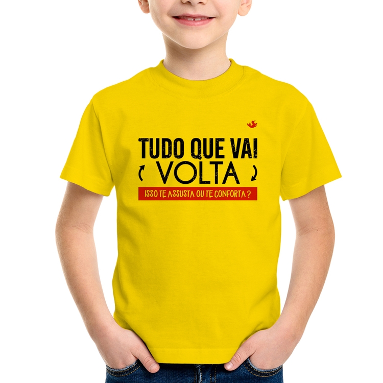 Camiseta Infantil Tudo que vai volta, isso te assusta ou te conforta? - Amarela