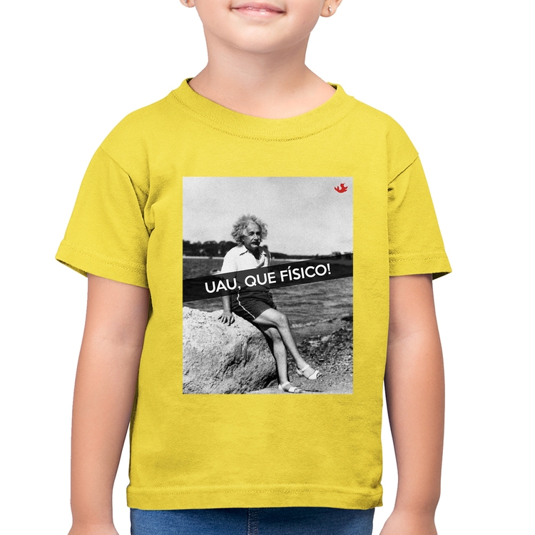 Camiseta Algodão Infantil Uau, que físico - Amarelo Canário