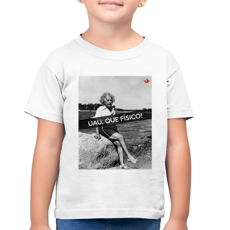 Camiseta Algodão Infantil Uau, que físico - Branca