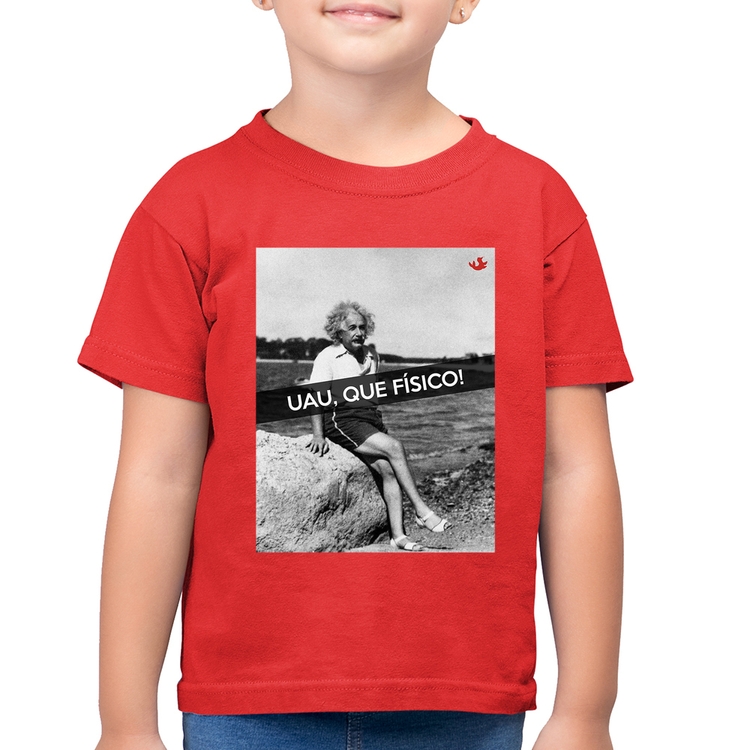 Camiseta Algodão Infantil Uau, que físico - Vermelha