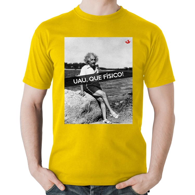 Camiseta Algodão Uau, que físico - Amarela