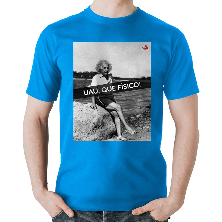 Camiseta Algodão Uau, que físico - Azul