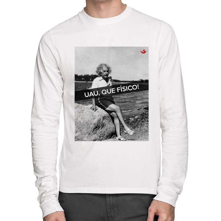 Camiseta Algodão Uau, que físico Manga Longa - Branca