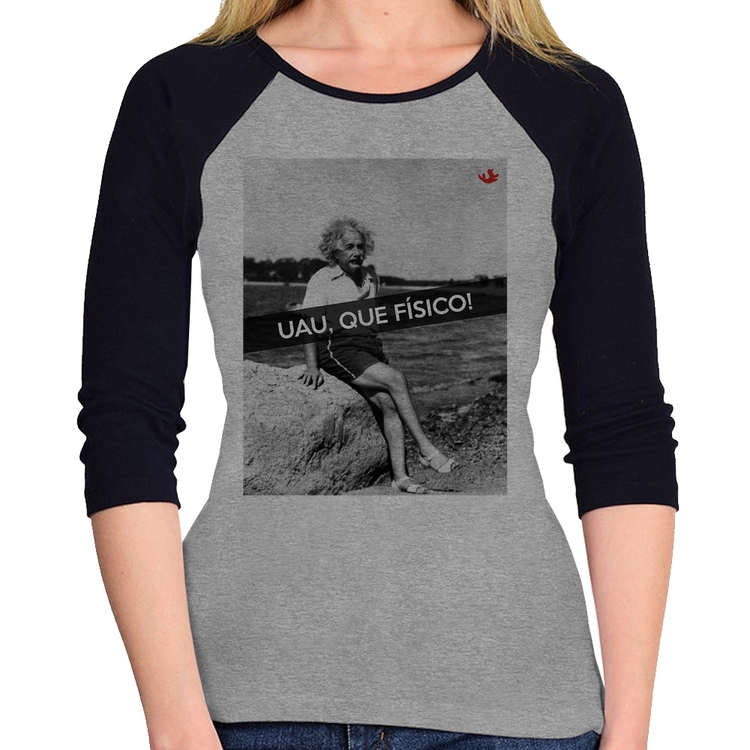 Baby Look Raglan Uau, que físico Manga 3/4 - Cinza/Preto