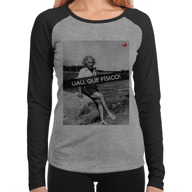 Baby Look Raglan Uau, que físico Manga Longa - Cinza/Preto