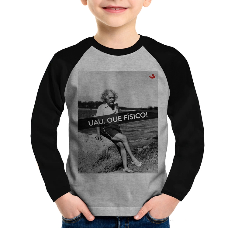 Camiseta Raglan Infantil Uau, que físico Manga Longa - Cinza/Preto