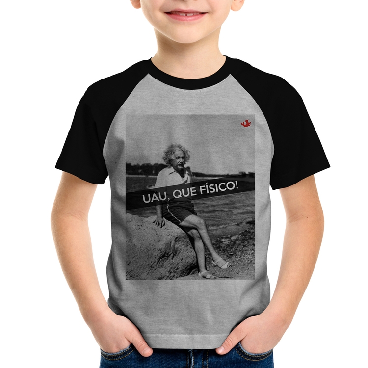 Camiseta Raglan Infantil Uau, que físico - Cinza/Preto