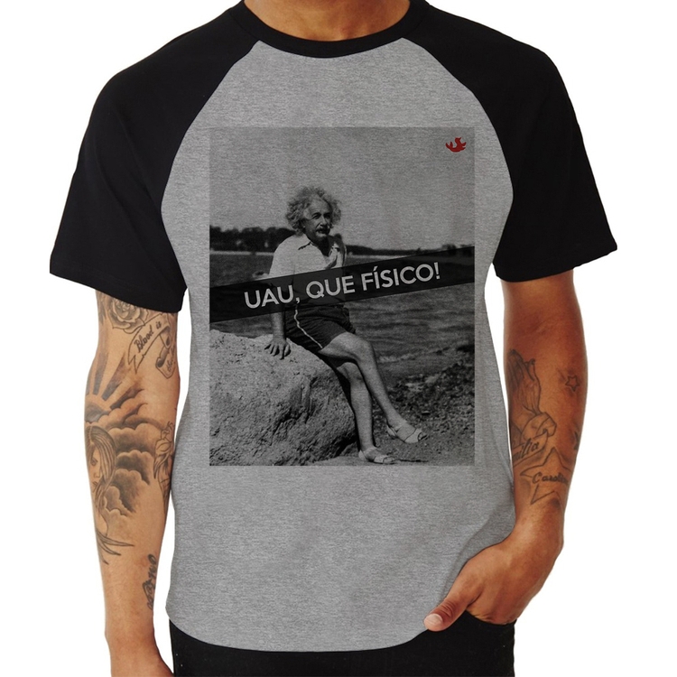 Camiseta Raglan Uau, que físico - Cinza/Preto