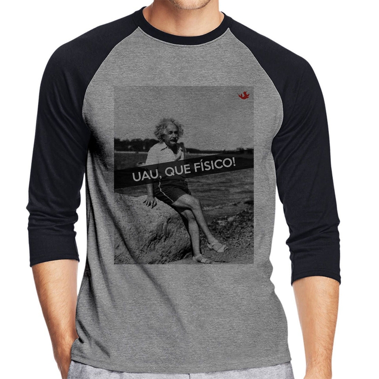 Camiseta Raglan Uau, que físico Manga 3/4 - Cinza/Preto