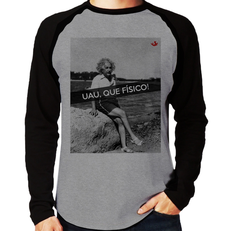 Camiseta Raglan Uau, que físico Manga Longa - Cinza/Preto