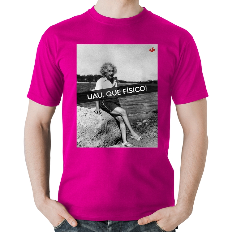 Camiseta Algodão Uau, que físico - Rosa