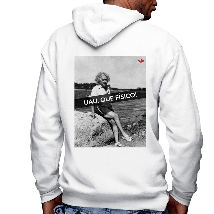 Blusa Moletom Uau, que físico Masculina com Capuz e Zíper - Branca