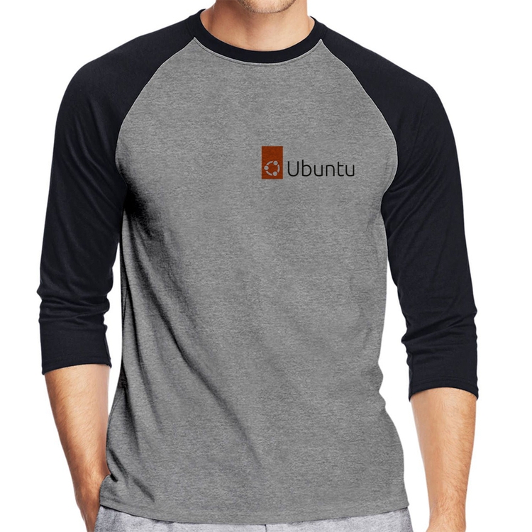 Camiseta Raglan Ubuntu Linux Manga 3/4 - Cinza/Preto